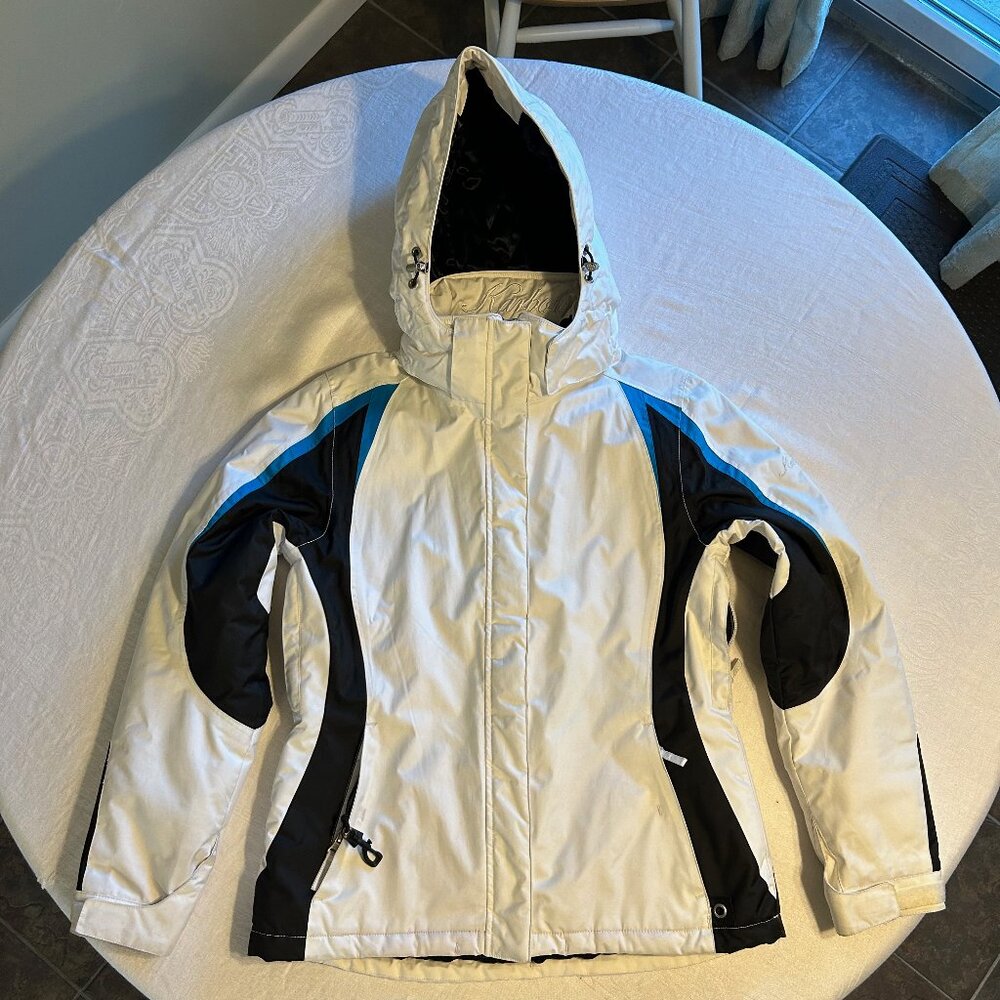 Womens Lined Ski Jacket with hood, pockets, vents, and adjustable closures.